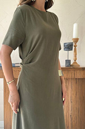 TUA MODA Haki Pileli Bisiklet Yaka Elbise