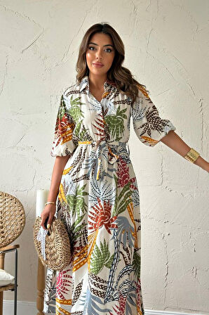 TUA MODA Ekru Çiçek Desenli Kemerli Elbise