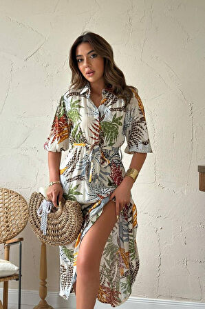 TUA MODA Ekru Çiçek Desenli Kemerli Elbise