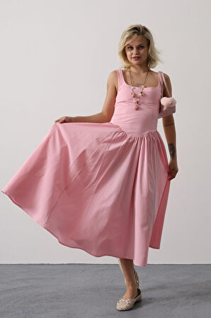 TUA MODA Askılı Uzun Elbise - Pembe
