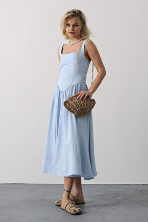 TUA MODA Askılı Uzun Elbise - Mavi
