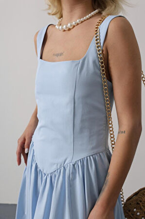 TUA MODA Askılı Uzun Elbise - Mavi