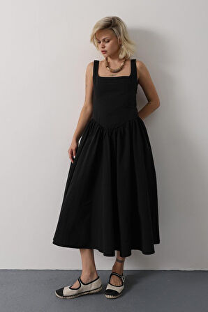 TUA MODA Askılı Uzun Elbise - Siyah