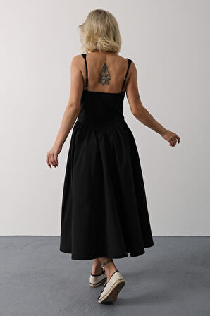 TUA MODA Askılı Uzun Elbise - Siyah