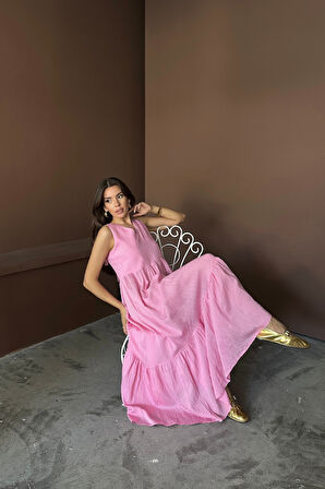 TUA MODA ETEKUCU FIRFIRLI SIRTI BAĞLAMA DETAYLI SALAŞ ELBİSE - Pembe