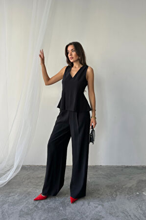 TUA MODA V YAKA KOLSUZ BLUZ - PANTOLON TAKIM MODAL KUMAŞ - Siyah
