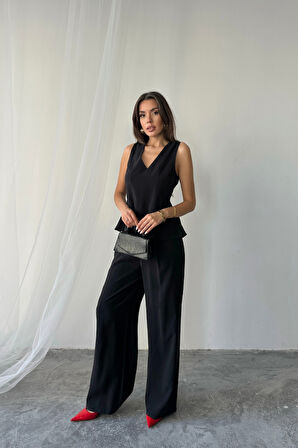 TUA MODA V YAKA KOLSUZ BLUZ - PANTOLON TAKIM MODAL KUMAŞ - Siyah