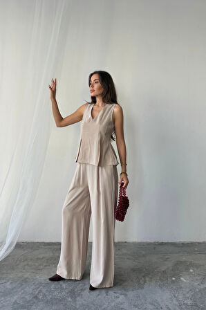 TUA MODA V YAKA KOLSUZ BLUZ - PANTOLON TAKIM MODAL KUMAŞ - Bej