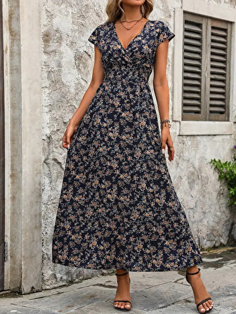 TUA MODA Kadın Kısa Kollu Kruvaze Yakalı çiçek Desenli Belden Lastikli Süprem Uzun Elbise