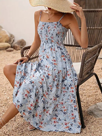 TUA MODA Kadın Ip Askılı Geniş V Yakalı Desenli Uzun Süprem Elbise