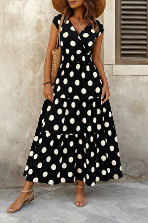 TUA MODA Kadın Kısa Kollu Kruvaze Yaka Beli Lastikli Süprem Maksi Boy Elbise