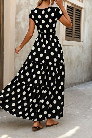 TUA MODA Kadın Kısa Kollu Kruvaze Yaka Beli Lastikli Süprem Maksi Boy Elbise