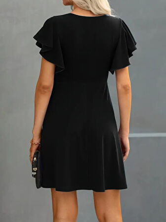 TUA MODA Kadın Kısa Kelebek Kollu Bisiklet Yaka Janjan Krep Elbise