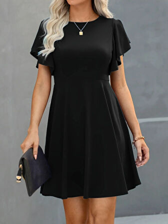 TUA MODA Kadın Kısa Kelebek Kollu Bisiklet Yaka Janjan Krep Elbise