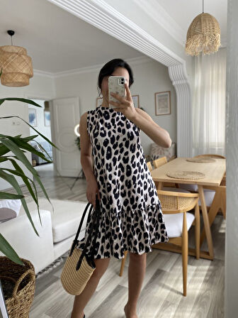 TUA MODA Kadın Kolsuz Sırttan Bağlamalı Fırfırlı Leopar Desenli Süprem Elbise