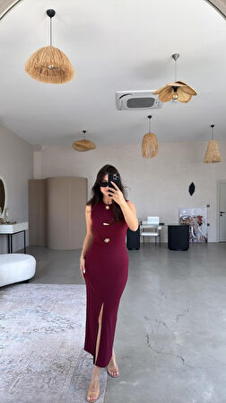 TUA MODA Kadın Bisiklet Yaka Broş Detay Yırtmaçlı Maxi Boy Ottoman Elbise