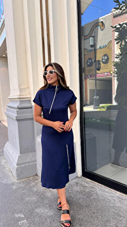 TUA MODA Kadın Kısa Kollu Yakadan Ve Etekten Fermuarlı Midi Viskon Iki Iplik Elbise