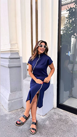 TUA MODA Kadın Kısa Kollu Yakadan Ve Etekten Fermuarlı Midi Viskon Iki Iplik Elbise