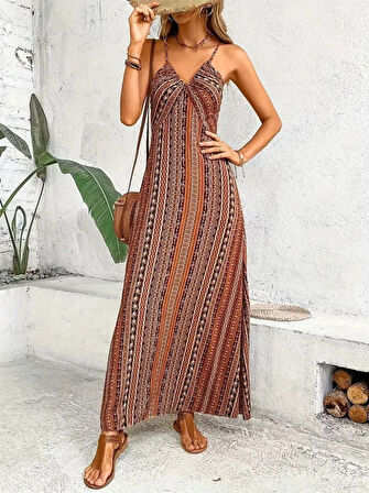 TUA MODA Kadın Ip Askılı Sırttan çapraz Detaylı Yırtmaçlı Desenli Süprem Elbise