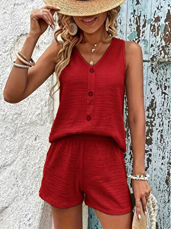 TUA MODA Kadın Askılı Kolsuz V Yakalı önden Düğmeli Bürümcük Bluz Ve Short Ikili Takım