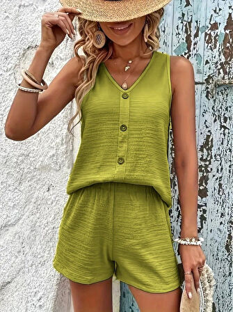 TUA MODA Kadın Askılı Kolsuz V Yakalı önden Düğmeli Bürümcük Bluz Ve Short Ikili Takım