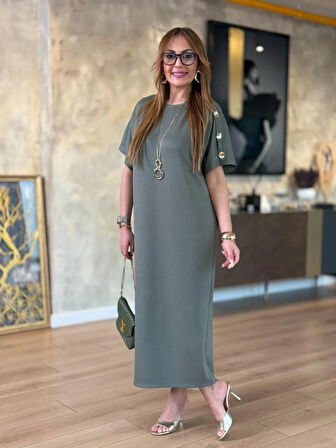 TUA MODA Kadın Kısa Kollu Bisiklet Yaka Omuzdan Düğmeli Uzun Viskon Iki Iplik Elbise