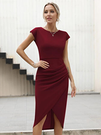 TUA MODA Kadın Yarım Ay Kollu Bisiklet Yaka Yandan Drapeli Ithal Krep Elbise