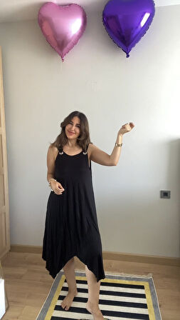 TUA MODA Kadın Askılı Yuvarlak Yaka Kuş Gözü Detaylı Asimetrik Viskon Elbise
