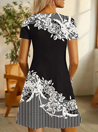 TUA MODA Kadın Kısa Kollu V Yakalı çiçek Baskılı Süprem Elbise