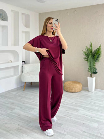 TUA MODA Kadın Kısa Kollu Kayık Yakalı Dikiş Izi Detaylı Viskon Iki Iplik Bluz Ve Pantolon Ikili Takım