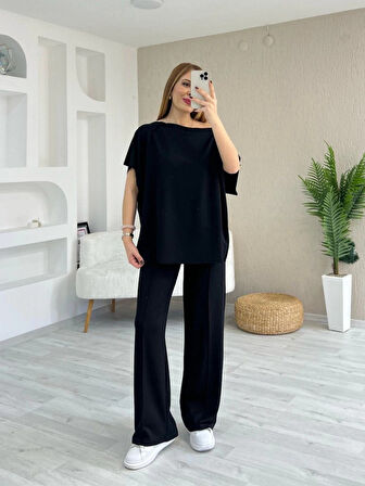 TUA MODA Kadın Kısa Kollu Kayık Yakalı Dikiş Izi Detaylı Viskon Iki Iplik Bluz Ve Pantolon Ikili Takım