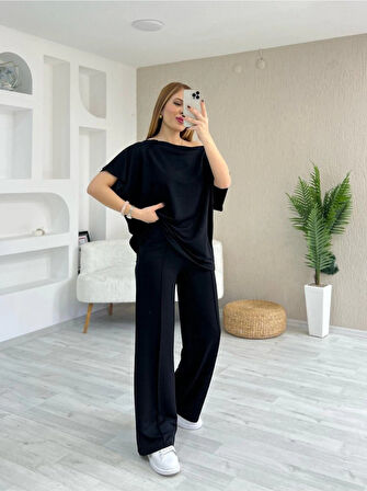 TUA MODA Kadın Kısa Kollu Kayık Yakalı Dikiş Izi Detaylı Viskon Iki Iplik Bluz Ve Pantolon Ikili Takım