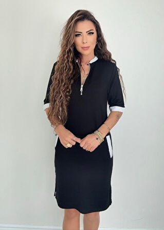 TUA MODA Kadın Kısa Kollu Yakadan Fermuarlı Cepli Yandan Yırtmaçlı Viskon Elbise
