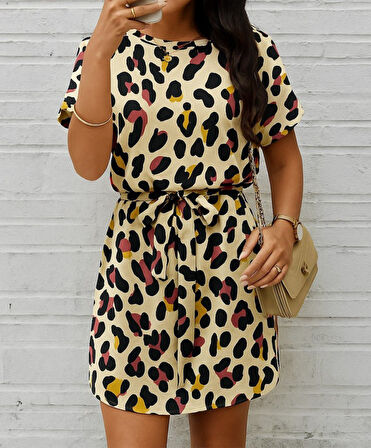 TUA MODA Kadın Kısa Kollu Yuvarlak Yaka Beli Kuşaklı Geometrik Desenli Süprem Elbise