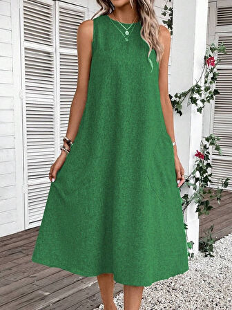 TUA MODA Kadın Kolsuz Bisiklet Yaka Cepli Midi Keten Elbise