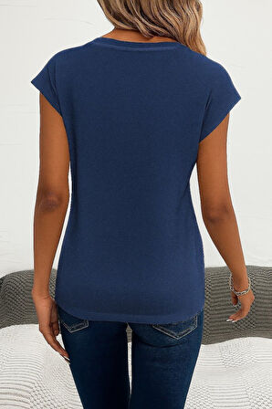 TUA MODA Kadın Kısa Kollu V Yakalı Kalp Desen Viskon Bluz