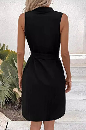 TUA MODA Kadın Sıfır Kollu Hakim Yaka önden Düğmeli Belden Kuşaklı Ithal Keten Elbise