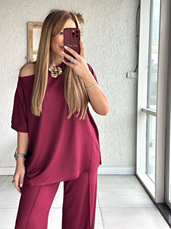 TUA MODA Kadın Tek Omuzdan Açık Geniş Kesim Viskon Iki Iplik Bluz Ve Pantolon Ikili Takım