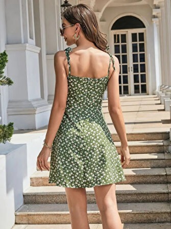 TUA MODA Kadın Ip Askılı Omuzlardan Bağcıklı çiçek Desenli Süprem Elbise
