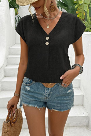 TUA MODA Kadın Kısa Kollu V Yakalı Düğmeli Keten Bluz