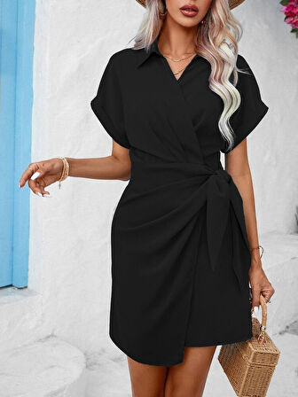 TUA MODA Kadın Kısa Kollu Yakalı Yandan Bağlamalı Dokuma Elbise