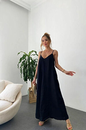 TUA MODA Kadın Ip Askılı V Yakalı Uzun Aerobin Elbise