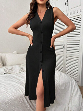 TUA MODA Kadın V Yakalı önden Düğmeli Kaşkorse Elbise