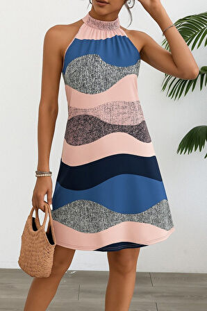 TUA MODA Kadın Kolsuz Boyundan Askılı Desenli Midi Süprem Elbise