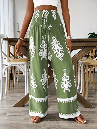 TUA MODA Kadın Yüksek Bel Büzgülü Etnik Desen Baskılı Süprem Pantolon