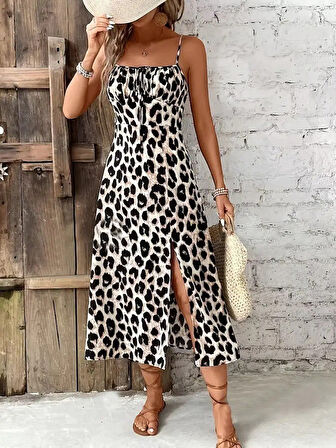 TUA MODA Kadın Askılı Yakadan Bağcıklı Yırtmaçlı Leopar Desenli Midi Süprem Elbise