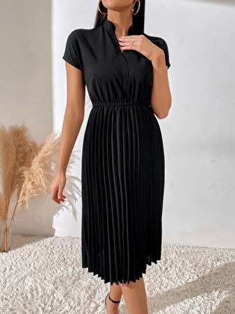 TUA MODA Kadın Kısa Kollu Hakim V Yakalı Pileli Janjan Krep Elbise