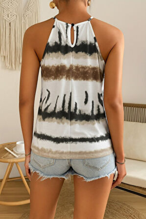 TUA MODA Kadın Halter Kollu Damla Detaylı Desenli Süprem Bluz