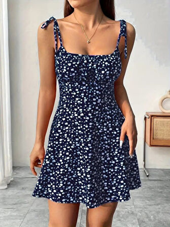 TUA MODA Kadın Askılı Büzgü Detaylı Kare Yaka çiçek Desenli Mini Süprem Elbise