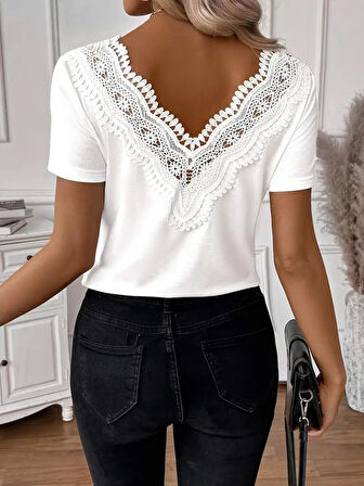 TUA MODA Kadın Kısa Kollu V Yakalı Arkası Dantelli Viskon Bluz